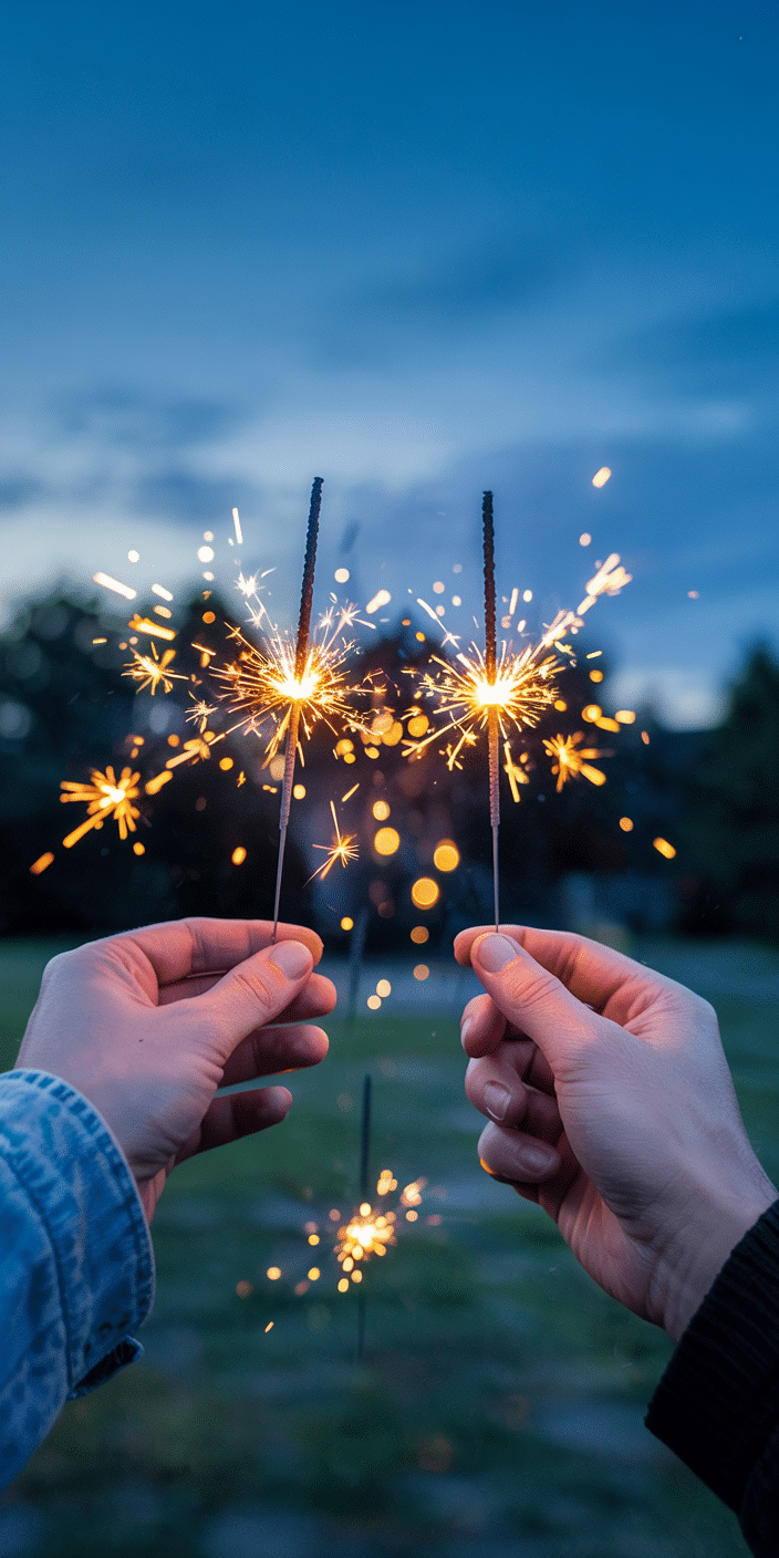 Two hands holding lit sparklers against a fading blue sky capture the heart of summer celebration. This image is a beautiful tribute to moments shared outdoors and is the perfect Fourth Of July wallpaper for iPhones. The soft blur of evening light and twinkling sparks makes this a dynamic, emotional July lockscreen option.