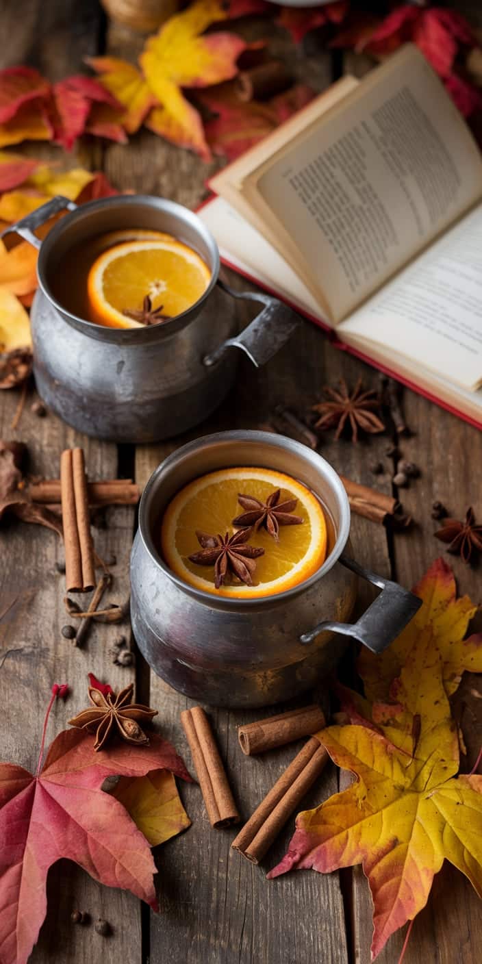 This cozy autumn flatlay features two vintage mugs filled with hot spiced cider garnished with orange slices and star anise, resting beside an open book on a rustic wood table. Surrounded by cinnamon sticks and red-yellow maple leaves, it radiates perfect Cozy Fall Aesthetic Wallpaper energy. Ideal for iPhones, it brings the comfort of fall indoors and sets a warm, nostalgic tone.