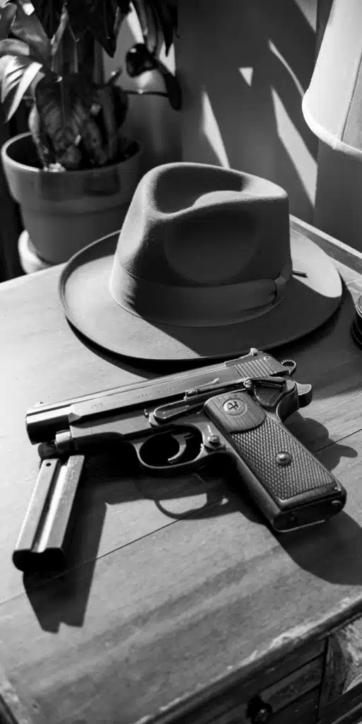 A fedora hat and vintage pistol rest on a rustic wooden desk, bathed in moody natural light. This black-and-white photo oozes mystery and timeless class, making it a perfect Spy Wallpapers or Lock Screen Wallpaper for fans of old-school noir and detective themes. With its vintage flair and cinematic composition, it’s a striking choice for iPhone users who appreciate subtle drama and classic masculinity.