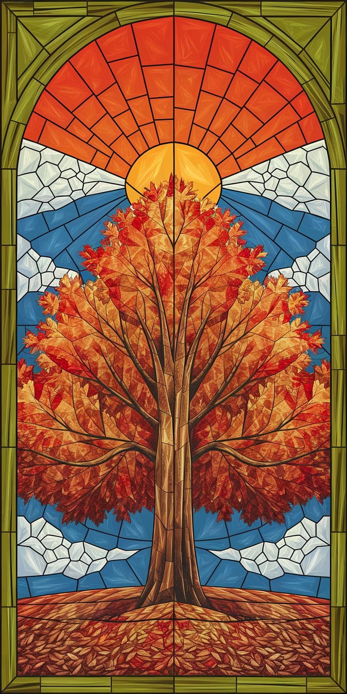 A striking stained glass design featuring a radiant autumn tree with bold red and orange foliage framed by a rising sun. The segmented sky in hues of deep blue and burnt orange evokes the magic of a crisp fall morning. This Autumn Wallpaper captures both the beauty of nature and a sense of handcrafted artistry, perfect for anyone seeking a unique Autumn Phone Wallpaper. Ideal for iPhone or Samsung screens, it delivers rich seasonal warmth in high resolution.