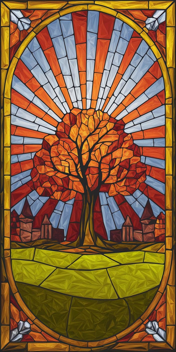 This artistic stained glass wallpaper features a bold orange autumn tree illuminated by radiating beams of sunlight. In the background, a cozy village peeks out, adding charm and storytelling to the warm fall composition. The color palette of golden yellows, deep reds, and vibrant blues makes this ideal as an Autumn Wallpaper or Fall Backgrounds Iphone. Perfect for iPhone users who love art, fall foliage, and serene village scenes.