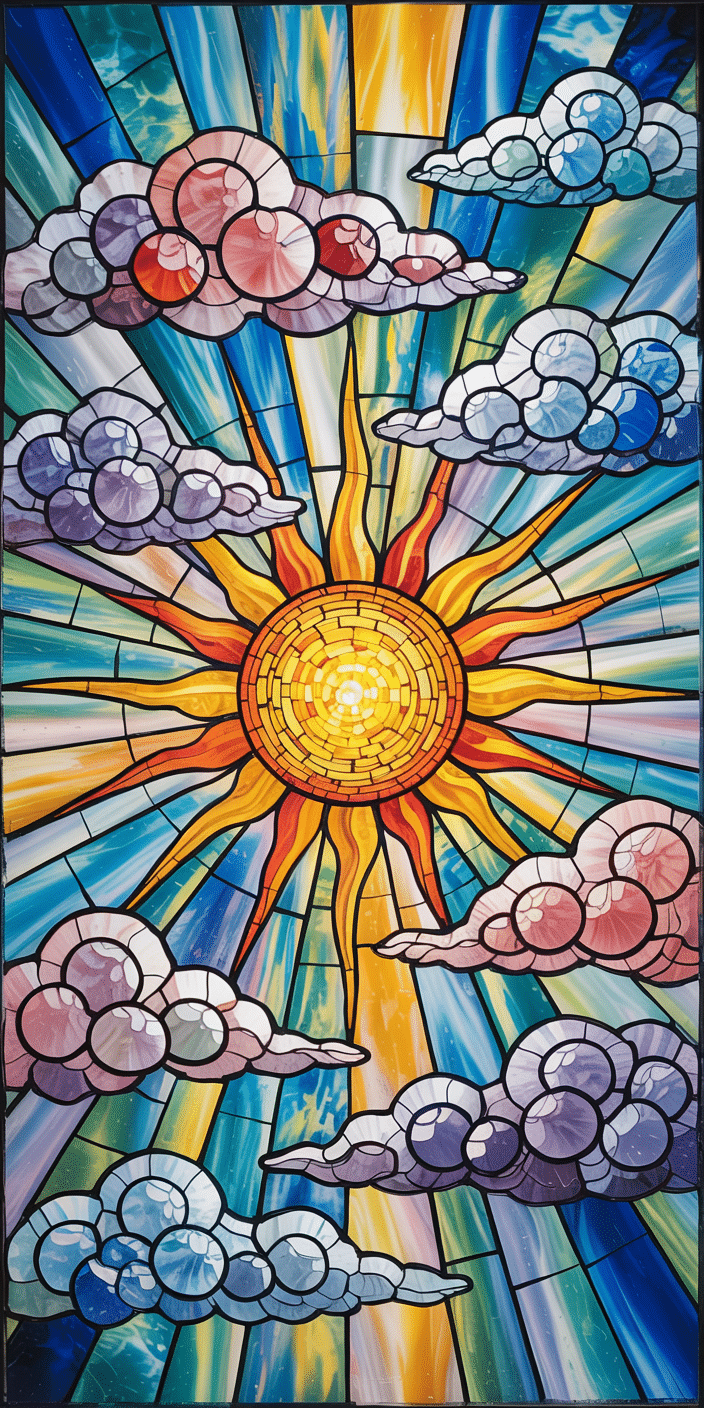 This radiant wallpaper features a sunburst design crafted in a stained glass art style, with colorful panels and softly outlined clouds in purples, pinks, and blues. The bright rays and vibrant textures create a warm, uplifting visual experience. A bold and artistic pick for lovers of sun space aesthetic and sky wallpaper 4k, this high-resolution image is both beautiful and energizing on any smartphone screen.