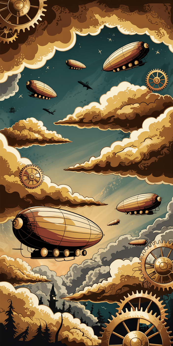This imaginative wallpaper showcases a steampunk sky filled with golden airships, swirling clouds, and oversized clockwork gears. The warm sepia tones and vintage illustration style add an old-world charm to this whimsical sky scene. Perfect for fans of clouds wallpaper and sky aesthetic, it brings a retro-futuristic vibe to your iPhone or Samsung device. A striking blend of adventure, fantasy, and celestial wonder makes it a unique phone background.