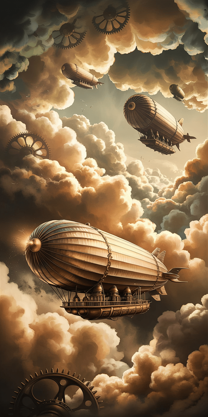 This richly detailed wallpaper features massive steampunk dirigibles drifting through fluffy, golden clouds with exposed gears and ornate airship designs. The warm palette of bronze and sepia tones captures a cinematic feel, making it ideal for fans of fantasy and clouds and stars themes. With its unique mix of elegance and air travel, it's a creative pick for sky wallpaper lovers. Compatible with iPhone and Android devices, this dreamy design is both striking and serene.