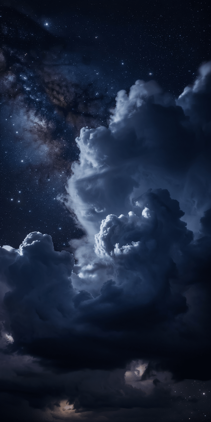 This dramatic wallpaper showcases a towering stack of dark storm clouds illuminated by faint moonlight, with the Milky Way galaxy visible above. The deep navy tones and glowing stars create a surreal fusion of earth and space. A powerful choice for fans of night sky wallpaper aesthetic and clouds and stars, offering a moody yet awe-inspiring feel.