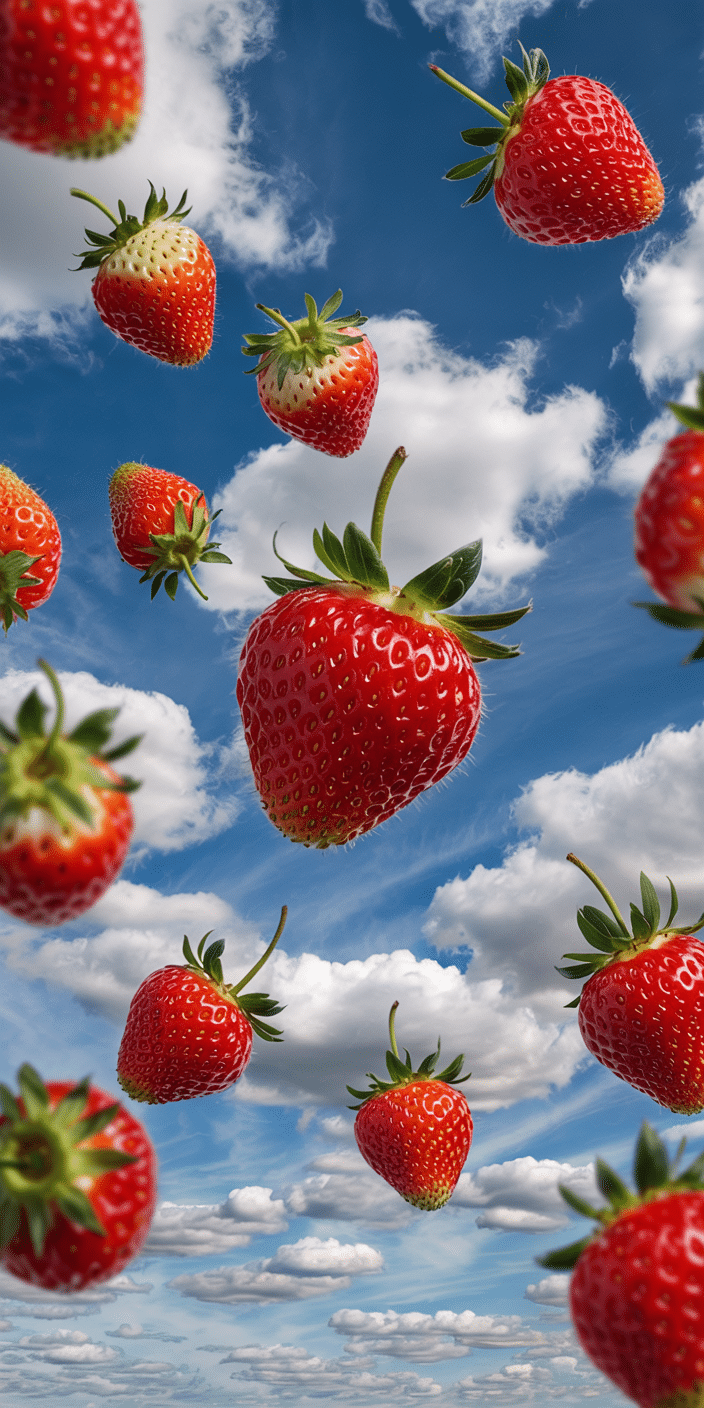Juicy red strawberries appear to float against a brilliant blue sky dotted with fluffy clouds in this whimsical and vibrant image. The surreal composition and fresh colors make it a fun and fruity cute July wallpaper that stands out on iPhone screens. Perfect for users looking to celebrate summer iPhone wallpaper vibes with a playful twist.