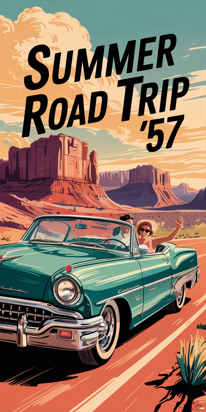 A vintage teal convertible glides down a desert road in this retro-styled illustration labeled "Summer Road Trip '57." The warm orange cliffs, sweeping clouds, and nostalgic car evoke classic Americana and are perfect for a Fourth Of July wallpaper. With its bold colors and adventurous vibe, this July phone background is great for iPhone users who love a throwback summer feel.