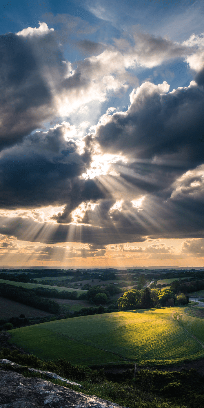 A dramatic wallpaper capturing golden sunbeams piercing through thick storm clouds, illuminating lush green fields below. This photograph blends natural beauty with cinematic lighting, offering a peaceful yet powerful sky view. Ideal for fans of hd sky and background clouds, this scene brings a refreshing and inspirational atmosphere to your phone. Perfect for both Samsung and iPhone backgrounds.