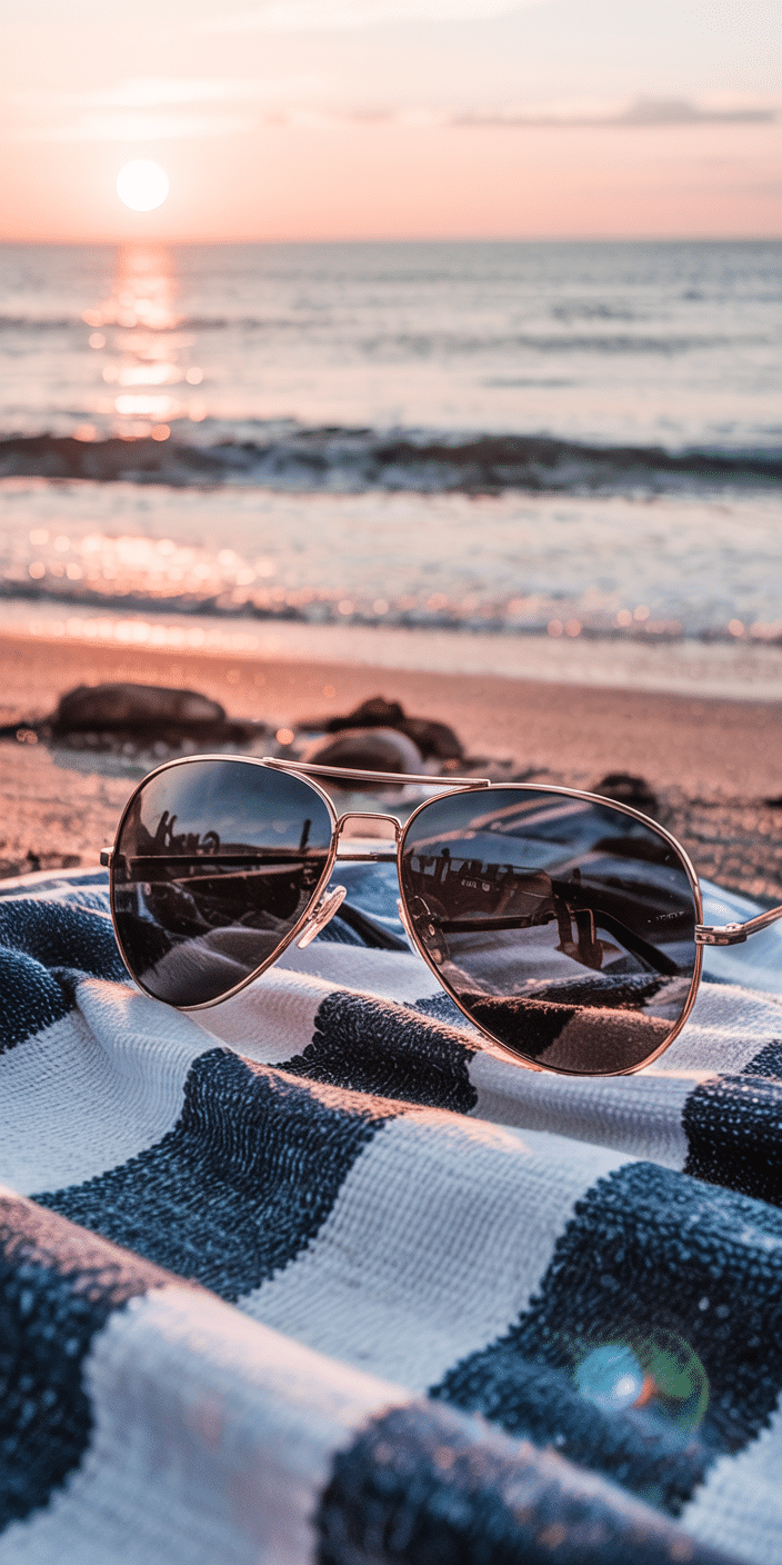 A close-up of stylish sunglasses resting on a beach towel captures the golden glow of a seaside sunset. The soft pink and peach tones in the sky reflect perfectly off the lenses, bringing a warm and relaxed July background aesthetic. This wallpaper is ideal for iPhone users looking for a minimalist but visually rich summer design. It's a picture-perfect simple phone wallpaper with just the right hint of seasonal magic.