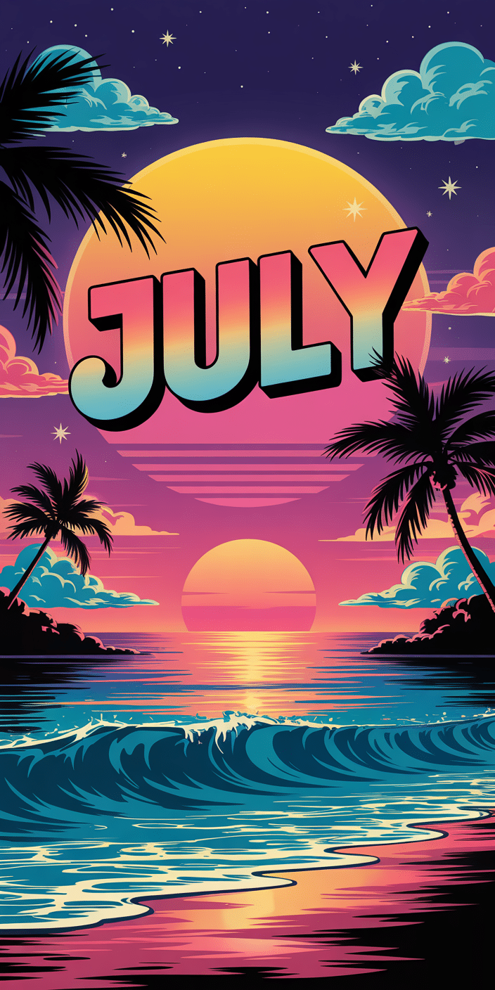 A colorful graphic sunset sets the mood for summer with glowing skies, rolling waves, and silhouetted palm trees framing the horizon. With the bold text “JULY” across the sun, this striking July phone background merges retro design with tropical calm. Ideal for those looking to add a splash of color and vacation vibes to their July lockscreen or home screen.