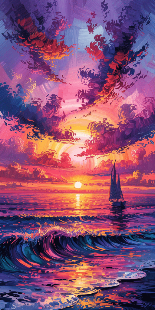 This painterly wallpaper captures a vivid sunset over the ocean with bold, swirling brushstrokes and vibrant reflections. A lone sailboat drifts across the glowing water beneath fantastical clouds in purples, reds, and golds. A stunning choice for lovers of sky wallpaper 4k and sun space aesthetic, this impressionist-style scene turns your screen into a moving, emotional masterpiece.