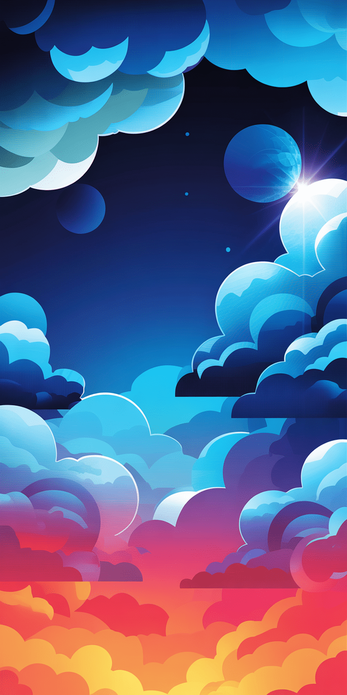 This stunning gradient-style wallpaper transitions from vibrant orange and red clouds at sunset to deep indigo night sky with soft planets peeking through. The bold cloud shapes and smooth color blending create a dreamy, futuristic scene perfect for space phone backgrounds and sky aesthetic lovers. A dynamic and visually rich choice for iPhones or Androids that captures the wonder of sky transitions.