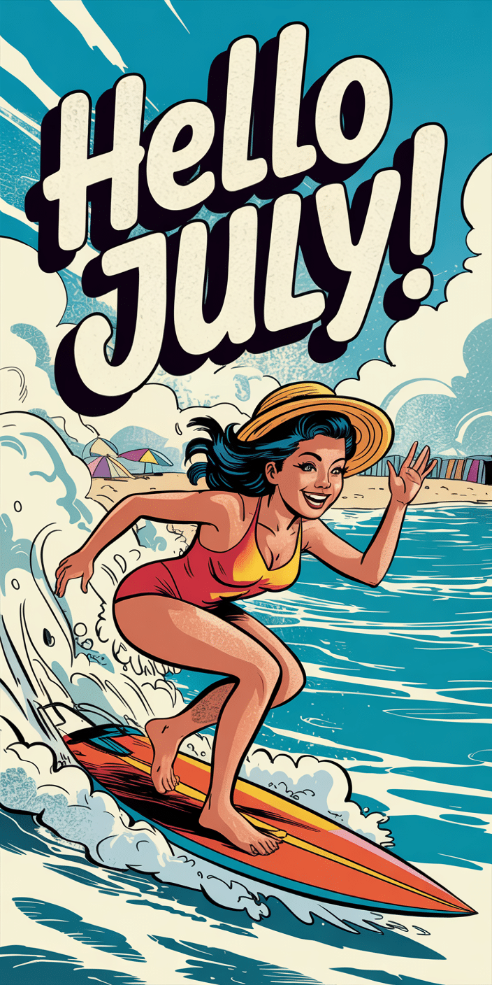 This retro-style artwork features a confident girl surfing vibrant blue waves under bold "Hello July" text. With comic-style lines and summer tones, it brings together adventure, beach fun, and vintage charm in one exciting Fourth Of July wallpaper. This fun, energetic visual is perfect as a July wallpaper iPhone background for anyone who loves a splash of personality on their phone screen.