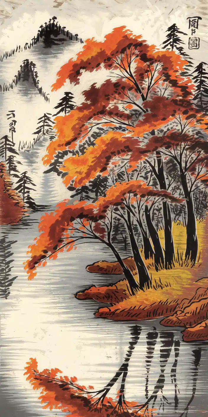 A beautiful traditional ink-style illustration features autumn trees in fiery red and orange set against a mountainous backdrop. The serene river reflects the foliage, adding to the peaceful and timeless charm of this design. This artwork makes for an elegant October Wallpaper and is ideal for anyone seeking artistic Autumn Wallpapers with an East Asian influence. A perfect iPhone choice for fall lovers and culture fans alike.
