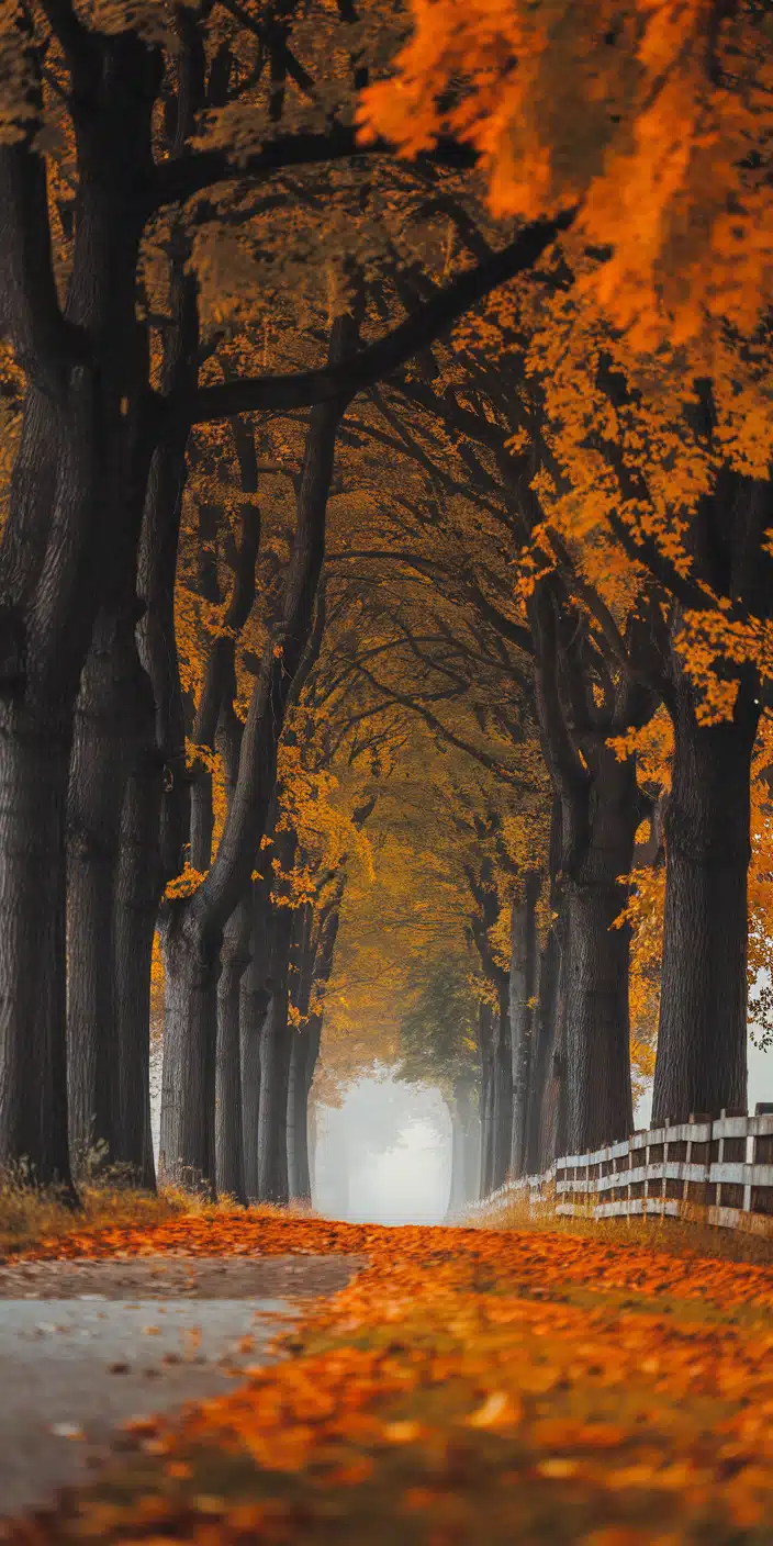 A stunning fall pathway lined with towering trees whose dark trunks contrast dramatically with vivid golden-orange leaves. The road ahead is misty, adding depth and calm to this Fall Background. It’s a moody yet warm design for iPhones, perfect for those who love peaceful scenery and Fall Aesthetic tones.