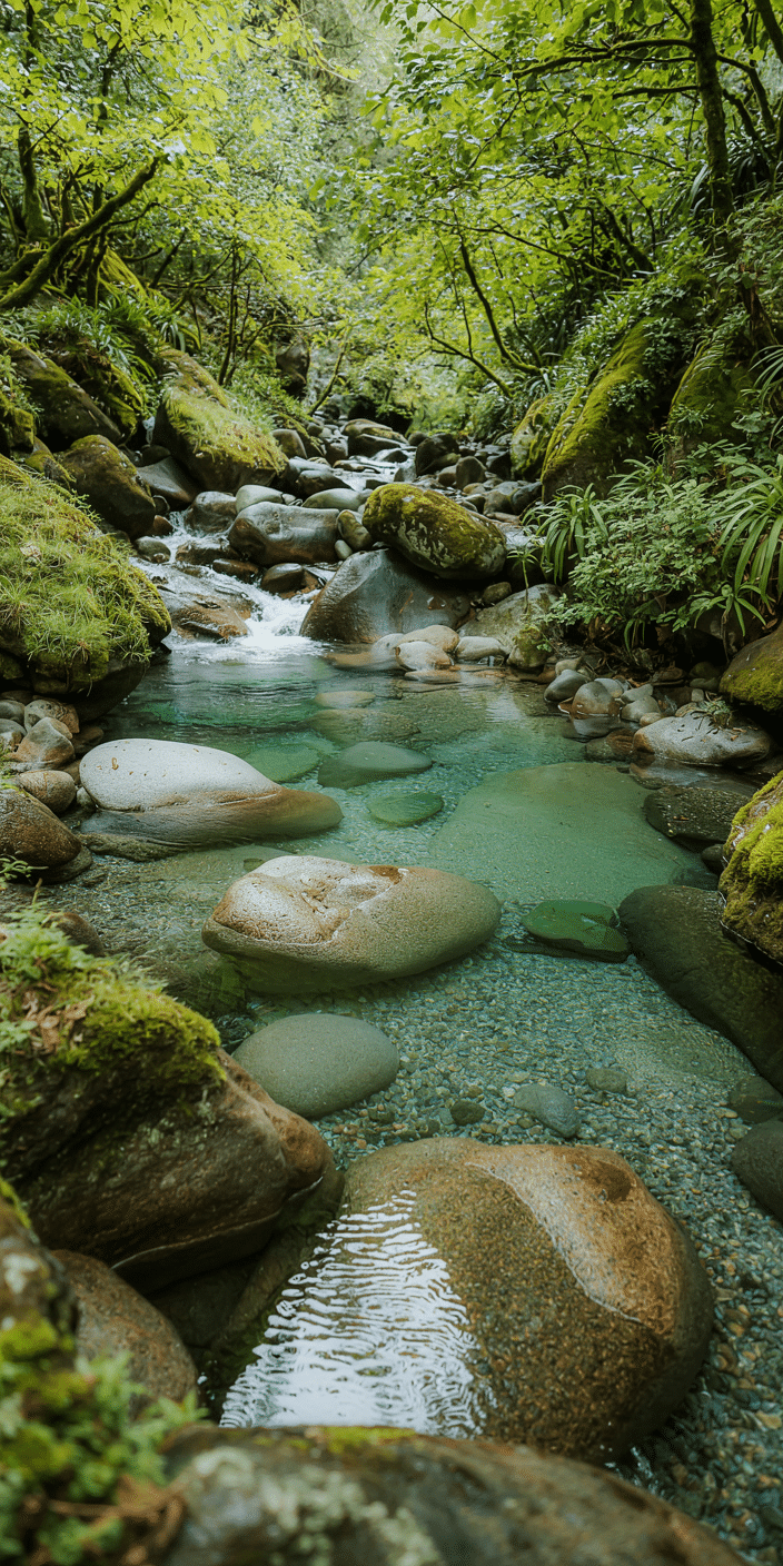 A tranquil turquoise stream flows through a rocky jungle setting, surrounded by lush green foliage and moss-covered stones. The crystal-clear water glows beneath the leafy canopy, making this a peaceful yet vibrant option for Nature Wallpapers and Waterfall Wallpaper seekers. It’s a refreshing and grounding choice, ideal for those who love serene, tropical landscapes on their smartphone screen.