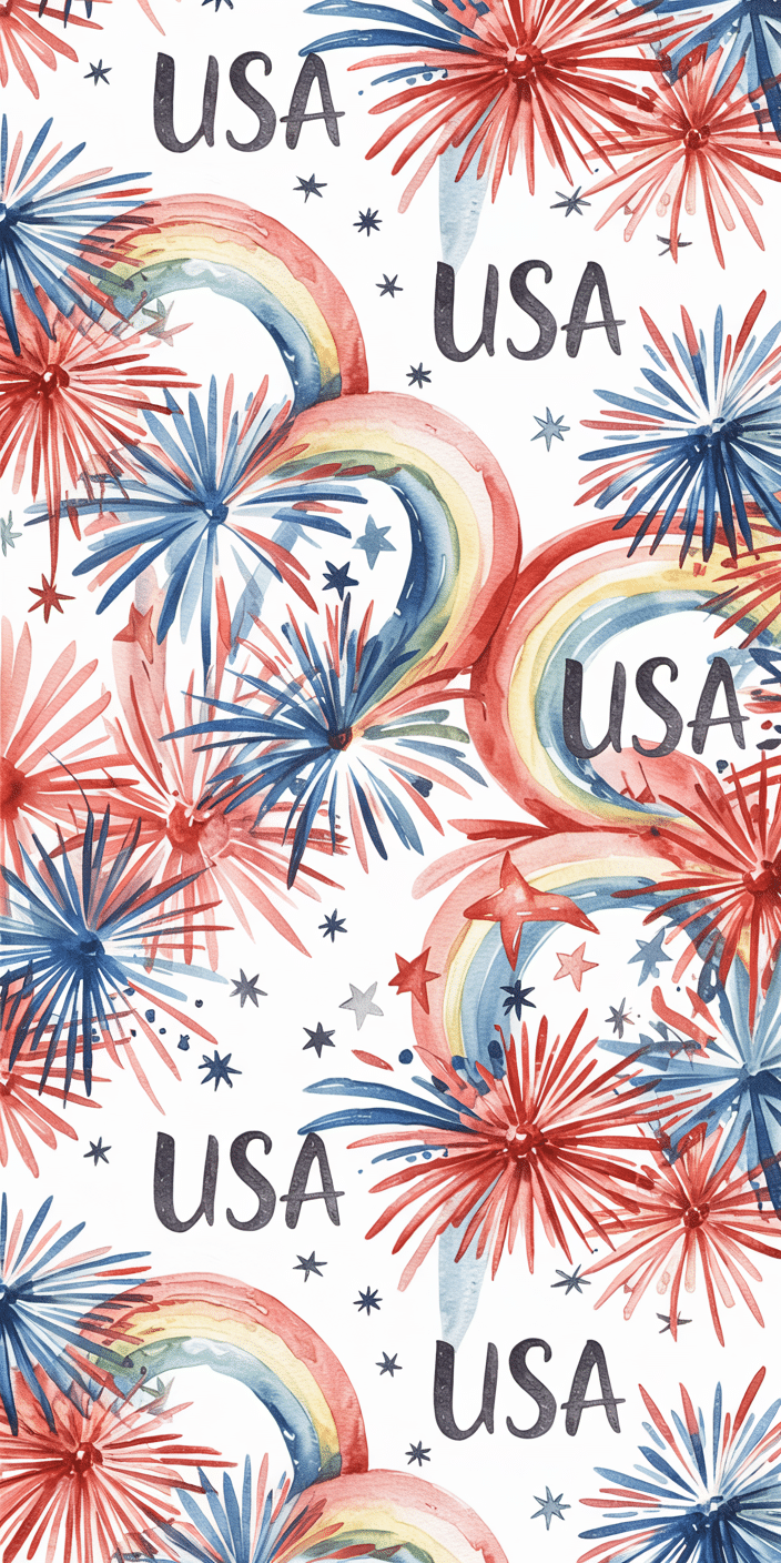 This lively watercolor pattern features red, white, and blue fireworks bursting across a clean white background, accented with rainbows and the word "USA" in bold lettering. The soft, hand-painted look gives it a cheerful, crafty vibe, perfect as a 4th of July wallpaper aesthetic or playful July phone background. Celebrate Independence Day with this bright, whimsical design full of patriotic joy.