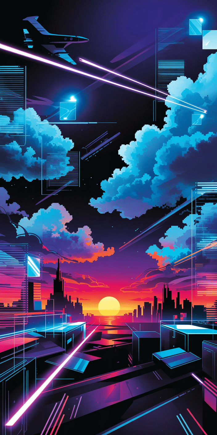 A sleek and vibrant digital wallpaper showcasing a vaporwave-style cityscape at sunset, framed by glowing blue clouds and neon laser lines. The sun sets between stylized buildings in hues of magenta, purple, and orange. Ideal for those who love sky blue wallpaper and sun space aesthetic, this design delivers an electrifying burst of retro-modern energy.