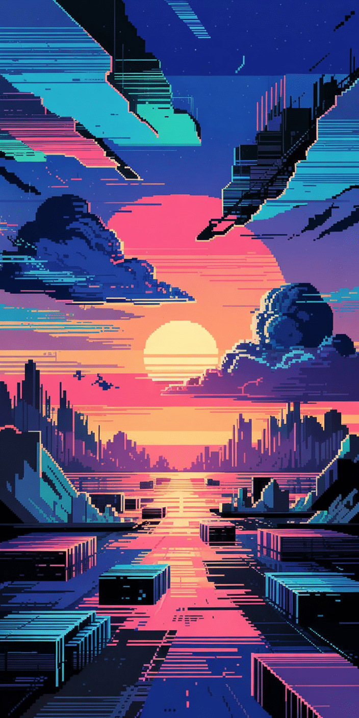 A nostalgic pixel art scene of a futuristic cityscape under a neon sunset sky. The bold hues of pink, orange, and indigo, paired with pixelated clouds and reflective water, bring a vivid retro feel. Perfect for anyone who loves space phone backgrounds or sky wallpaper, this design blends synthwave vibes with sky-themed beauty. Great for adding bold energy to any iPhone or Samsung device.