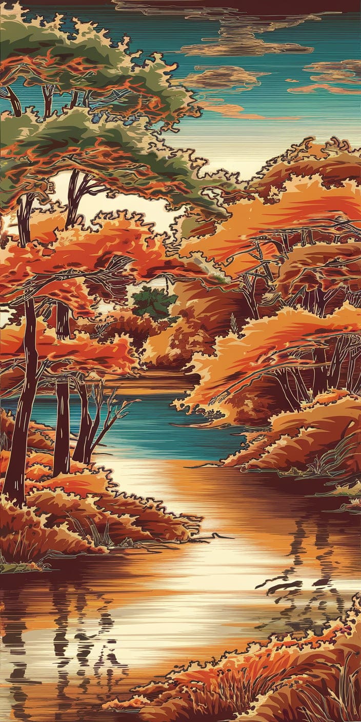 This colorful illustration captures a glowing forest of orange, red, and green foliage reflecting into a still autumn lake. With its soft ripples and richly detailed trees, this digital art piece is an eye-catching Fall Background perfect for iPhones. A great pick for those who love seasonal color and immersive scenery, it's also ideal as a calming Wallpaper Fall option.