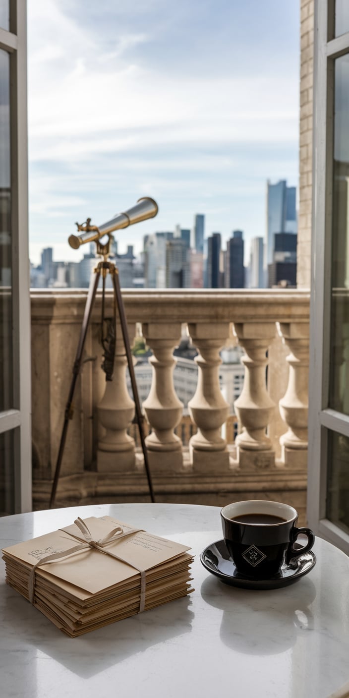A dreamy Old Money Aesthetic wallpaper featuring a Parisian-style balcony with a vintage telescope, a cup of coffee, and a bundle of old letters. The soft Aesthetic Sky and towering city skyline in the distance evoke a sense of nostalgia and refined sophistication. This Old Money Lockscreen Aesthetic is perfect for lovers of classic romance, literature, and timeless elegance.