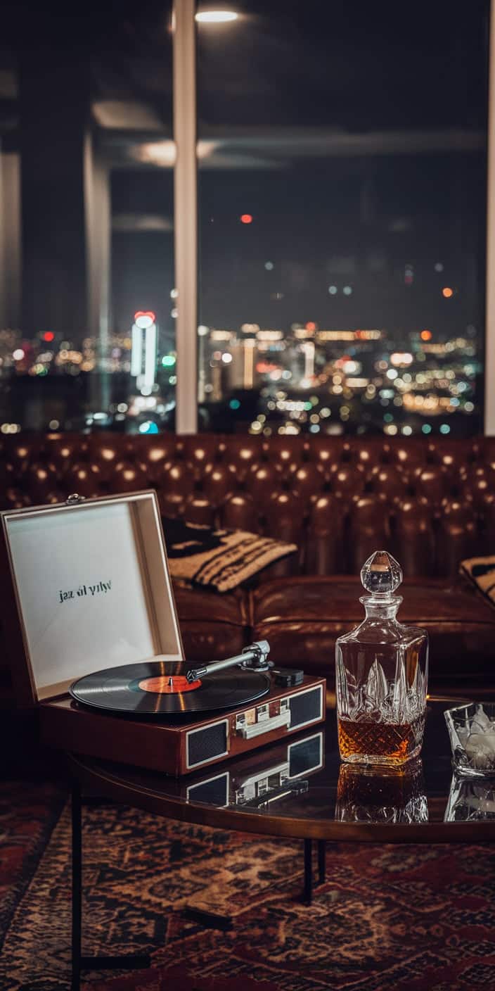 This Old Money Aesthetic wallpaper captures the essence of vintage luxury with a classic record player, a crystal decanter of whiskey, and a tufted leather sofa overlooking a glittering city skyline. The dim lighting and rich textures evoke an air of timeless sophistication. Perfect as an Old Money iPhone Wallpaper, this design brings classic elegance to your screen.