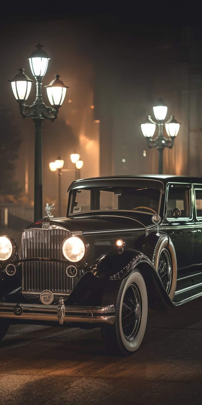 This Old Money Aesthetic wallpaper features a vintage Rolls-Royce parked under glowing street lamps on a misty evening. The deep black paint, gleaming chrome details, and classic hood ornament embody timeless luxury. This Old Money iPhone Wallpaper is perfect for lovers of vintage cars and high-society elegance.