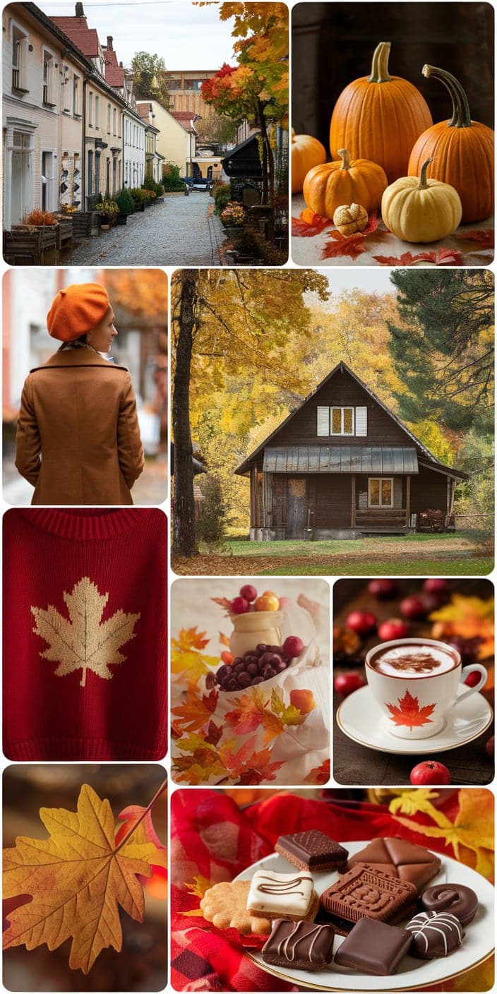 A charming and inviting collage of rustic homes, fall foliage, maple leaf lattes, and autumn treats creates a warm, homestyle Cozy Fall Aesthetic Wallpaper. The pops of pumpkin orange, deep red sweaters, and maple leaf decor make this design perfect for iPhones. It's a delightful blend of comfort, tradition, and Fall Aesthetic inspiration.