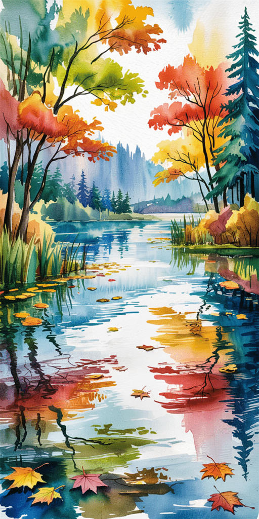 A whimsical watercolor landscape of an autumn lake, where vibrant trees in red, orange, yellow, and green are mirrored in still waters. Floating leaves add delicate movement, creating a harmonious blend of art and nature. Perfect for Beautiful Nature Pictures and Lock Screen Wallpaper, this design brings an artistic and colorful touch to your iPhone.