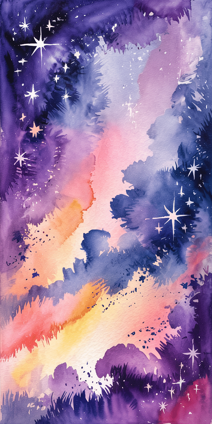 This dreamy watercolor galaxy wallpaper blends purples, pinks, blues, and soft starbursts in a vibrant, artistic swirl. The abstract textures give a hand-painted look, making it perfect for those who love artistic, cosmic designs. Ideal for users into space phone backgrounds and night sky wallpaper aesthetic, this one brings both calm and creativity to your lock screen.