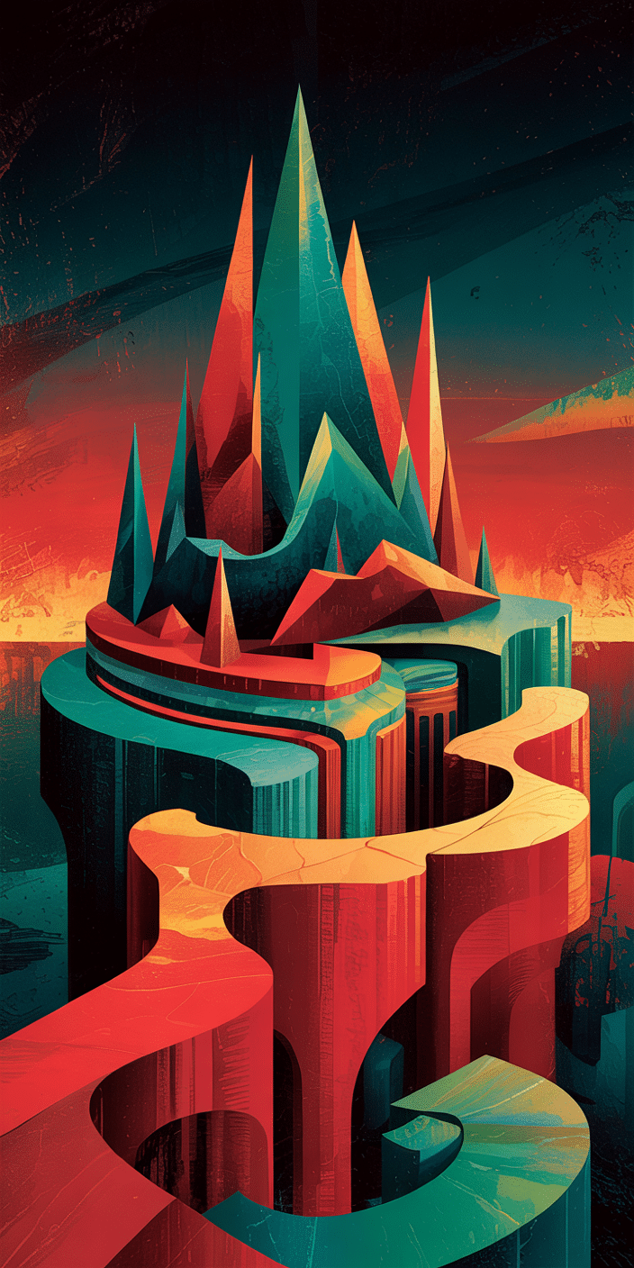 Sharp, towering spires rise from a surreal island landscape in fiery reds, teals, and oranges. A smooth winding path cuts through the terrain, creating a surreal journey through bold, dreamlike terrain. This artistic design is ideal as a tropical wallpaper or part of a digital experience, especially for those looking to make a statement with their screen. Its color palette and structure make it ideal for stylized, vibrant backgrounds.