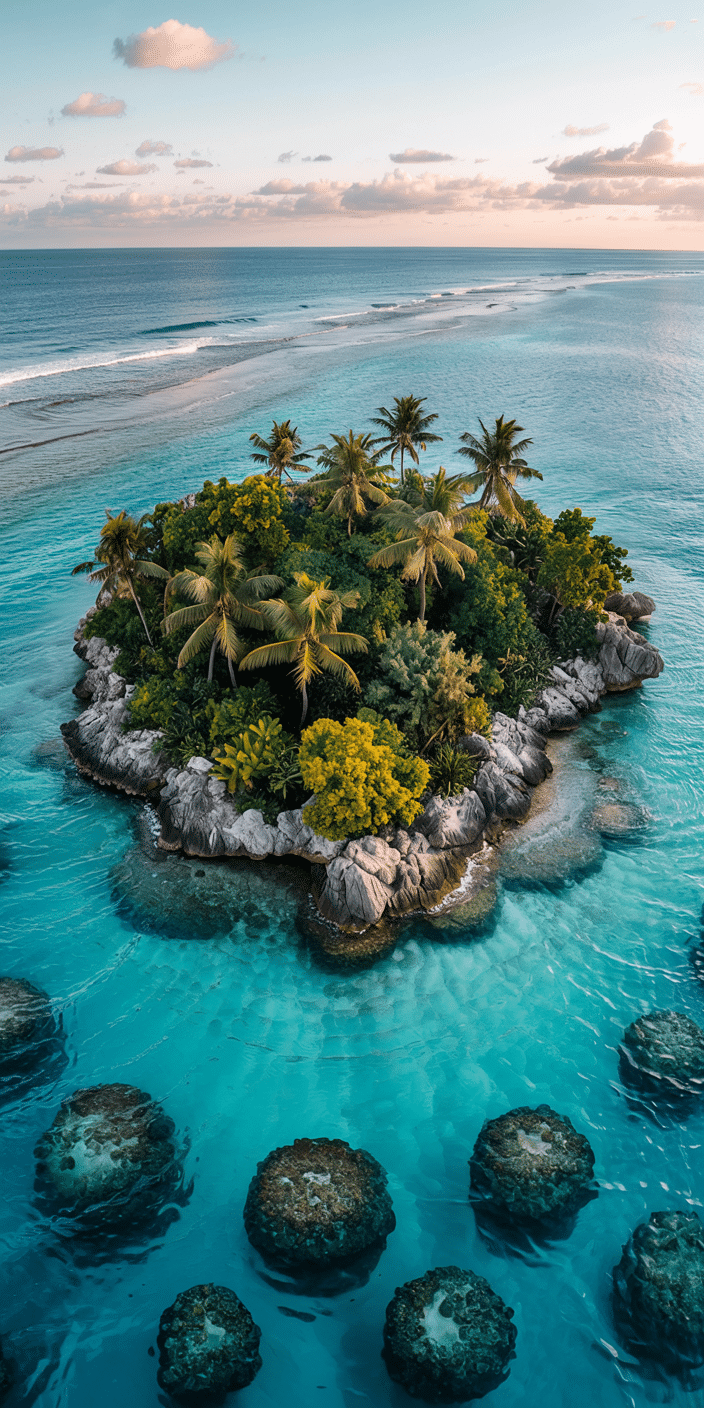 An aerial view of a perfectly round, lush tropical island surrounded by vibrant turquoise waters and visible coral formations below. Towering palm trees and dense greenery make this remote paradise feel untouched and dreamy. This image makes an excellent tropical wallpaper or Maldives wallpaper HD, offering a vibrant and refreshing island escape for any iPhone or Samsung home screen.