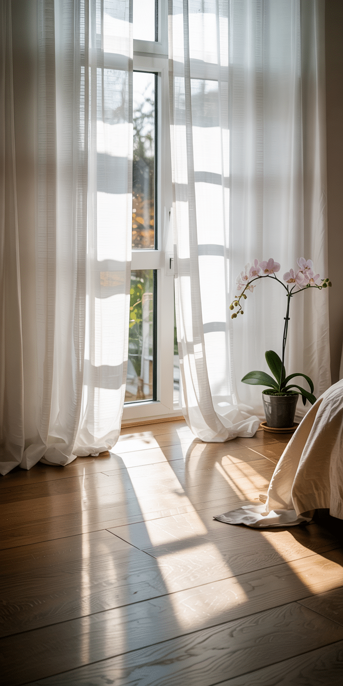 Soft white curtains flow gently in the sunlight, casting natural light and shadows across a wooden floor. This minimalist composition is a soothing neutral wallpaper for iPhone and reflects peaceful interior vibes. Ideal for those who appreciate minimalist wallpaper and soft, indoor lighting design.