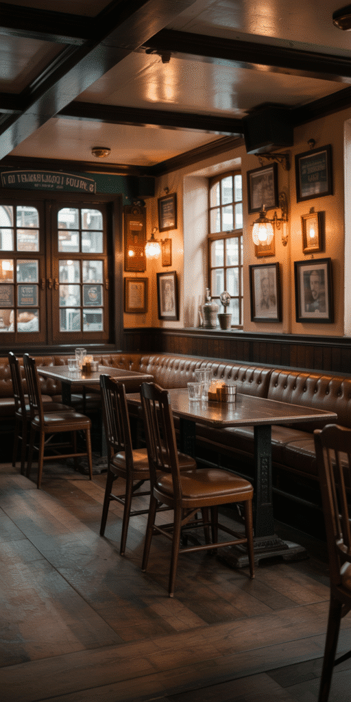 An inviting image of a traditional British pub, complete with leather benches, framed vintage photos, and warm lighting. This cozy setting exudes London Life Aesthetic charm and makes for a wonderfully nostalgic Uk Aesthetic Wallpaper. Perfect for iPhone users who love old-world character, comfort, and intimate architectural detail. A relaxing escape into everyday England moments.