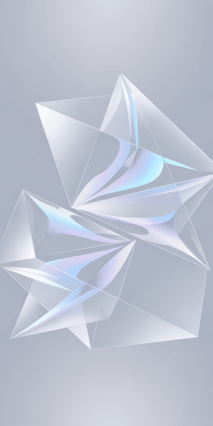 A futuristic and minimal abstract design featuring translucent crystal shapes and soft iridescent highlights against a muted light background. This wallpaper feels ultra-modern and sleek, making it perfect for concept wallpaper and fans of futuristic phones. The blend of icy light tones and dynamic form also makes it a top pick for those wanting a high-end iphone wallpaper ios aesthetic.