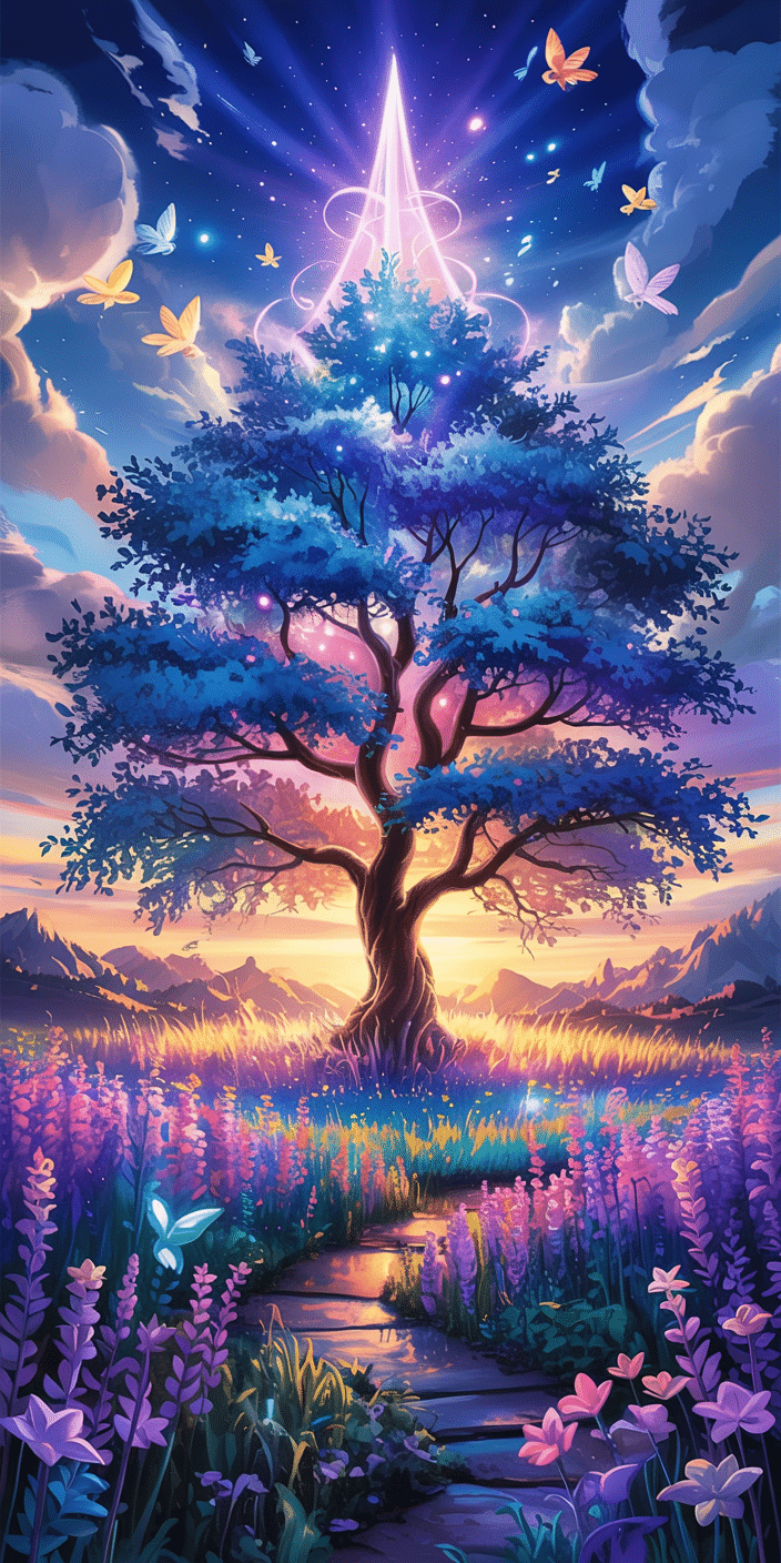 A magical tree glows in a radiant landscape surrounded by vibrant fields, butterflies, and a luminous sunset sky. This enchanting scene blends fantasy charm with soft lighting and bold colors—perfect for those seeking a dreamy iphone wallpaper with strong light design elements. With a fairytale feel and eye-catching hues, it’s a captivating background for iPhone users who love artistic and mystical vibes.