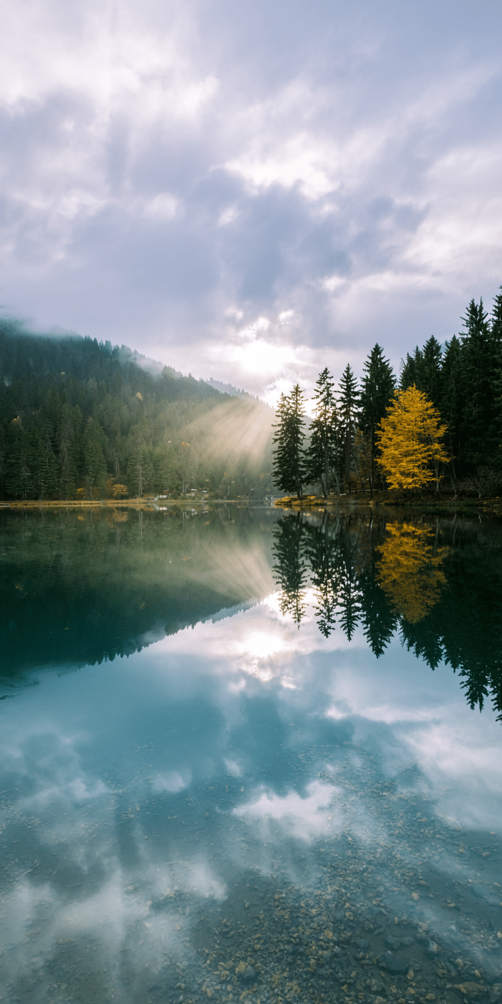 A mesmerizing lake wallpaper with sun rays piercing through a misty mountain forest and reflecting perfectly in the still water. The autumn yellow tree amidst deep green pines adds a striking contrast, offering a peaceful mix of natural lighting and color. Ideal for light phone wallpaper and lovers of nature-themed lighting design, this image suits both iPhone and Samsung users seeking serene beauty for their screens.