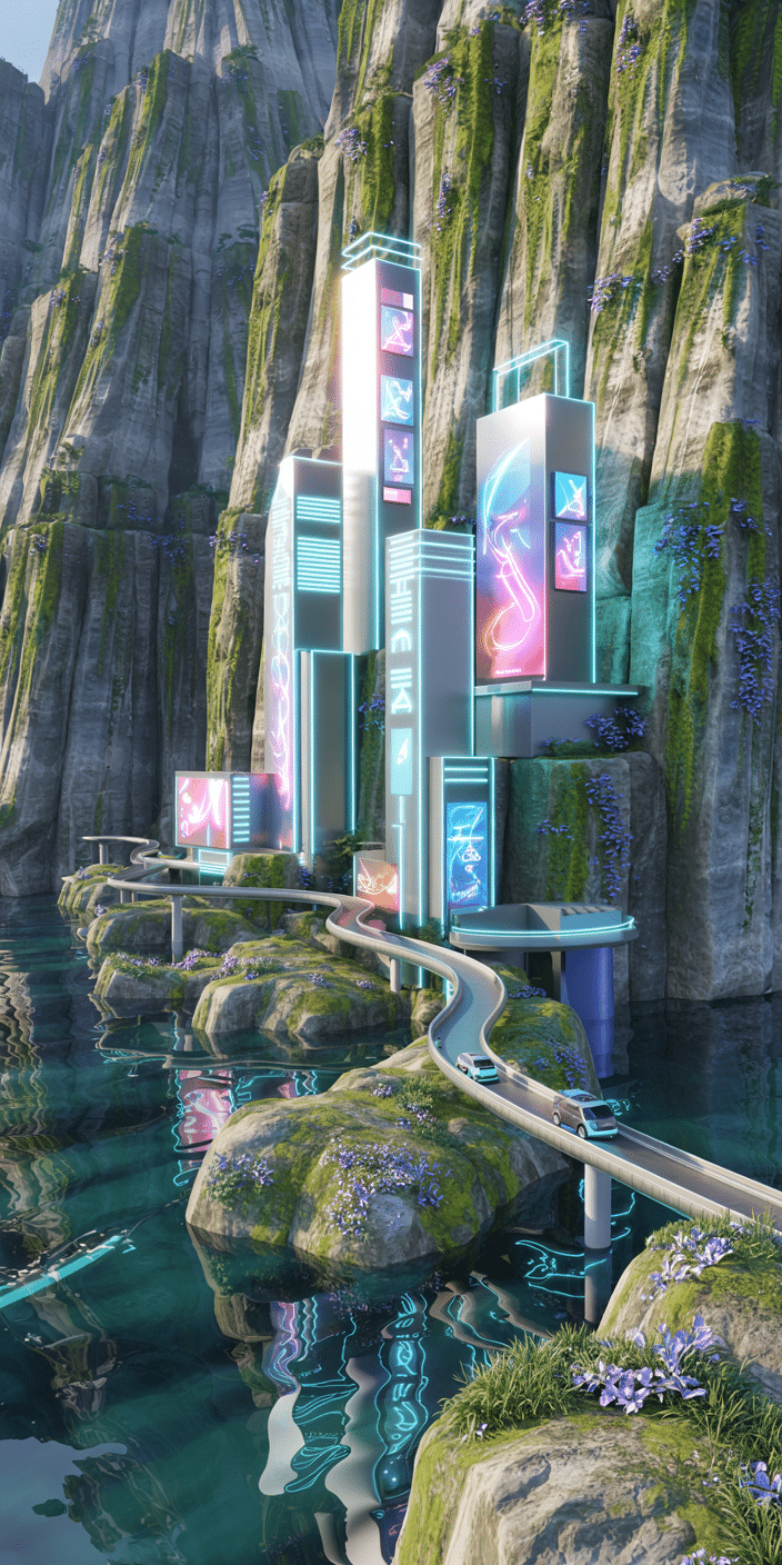 Futuristic neon towers rise from the cliffs of a coastal island, with reflective water below and glowing billboards shining in soft pinks and blues. Surrounded by lush vegetation and digital displays, this wallpaper merges technology with tropical landscapes. A perfect fit for fans of digital experience and tropical laptop wallpaper, this scene feels like a vacation to the future. Sleek and modern, it’s ideal for high-resolution smartphone and tablet displays.