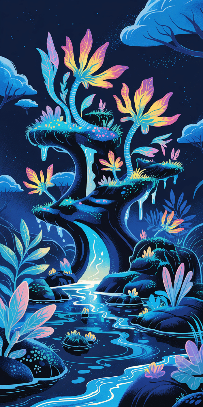 A surreal landscape of glowing riverbanks and colorful alien plants fills this fantasy-inspired island scene. Luminescent water flows gently through sculpted rock formations, surrounded by pastel leaves and otherworldly vegetation. Perfect for those craving a whimsical twist on lazy river aesthetic or riverbank aesthetic, this wallpaper brings color and creativity to your digital world. Ideal for smartphone backgrounds with a fantastical edge.