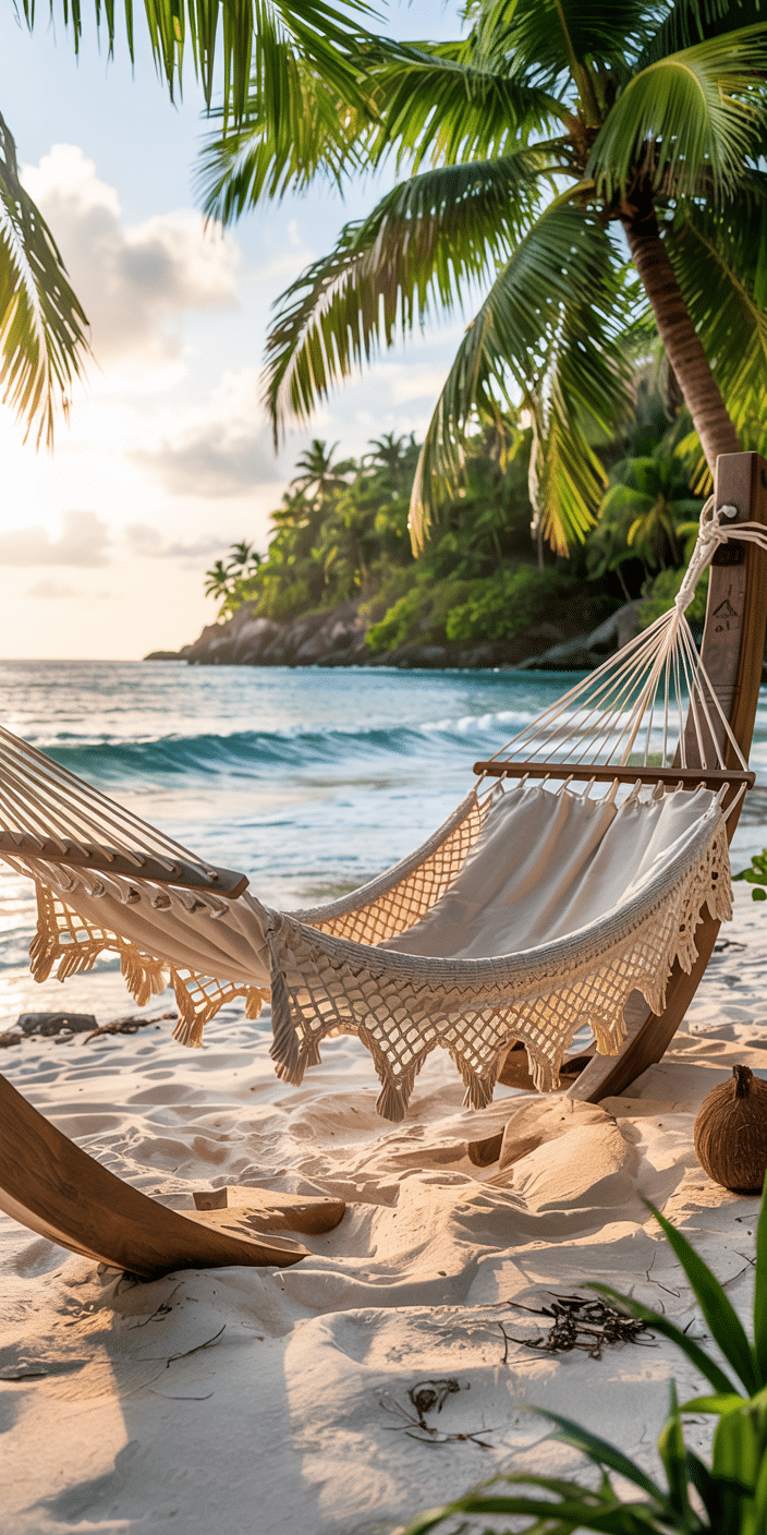A hammock under tall palm trees catches the golden hour glow as waves roll in beside a peaceful tropical beach. With creamy sand and soft sunlight, this wallpaper radiates tranquil island life. It’s an ideal fit for a Hawaii aesthetic wallpaper iPhone or soothing summer wallpaper iPhone beach setup. Perfect for anyone seeking a calm and dreamy digital escape.