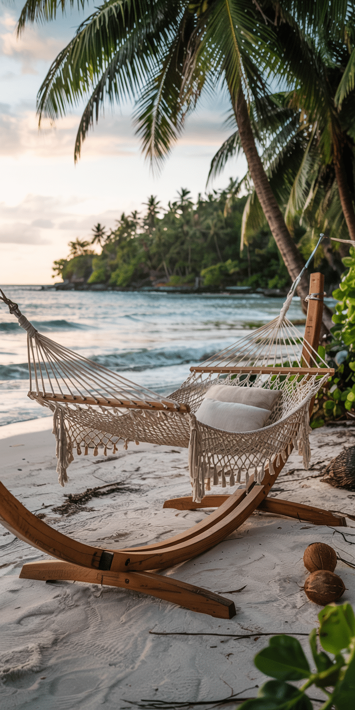 A cozy hammock gently sways beneath lush palm trees on a soft white sand beach, with waves rolling in under a pastel evening sky. Coconuts rest nearby, enhancing the laid-back vibe perfect for unwinding. This peaceful scene embodies the essence of a relaxation wallpaper and makes a stunning choice for a Hawaiian wallpaper iPhone or tropical home screen. The soft tones and ocean view deliver the ultimate beach escape.