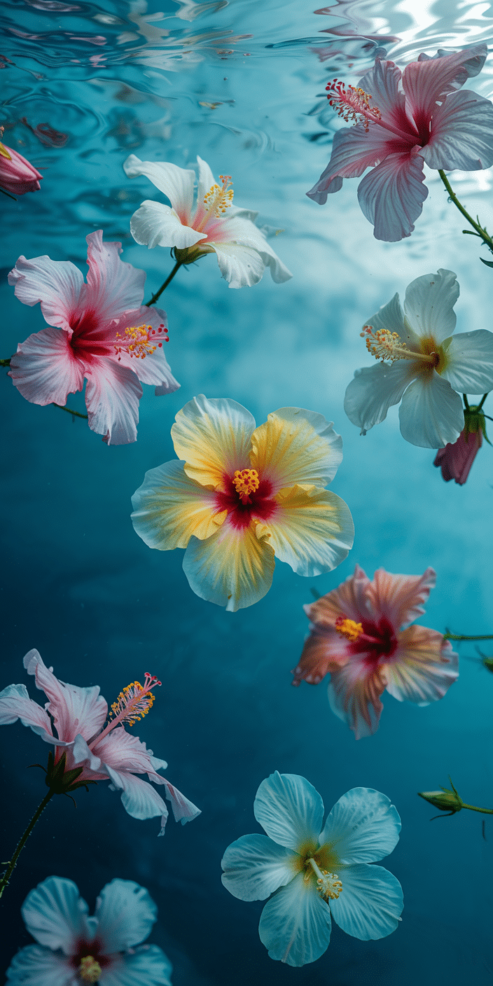 Soft pastel hibiscus flowers float gently on crystal-clear blue water, creating a calming and ethereal tropical scene. The mix of pinks, whites, and yellows on the reflective surface offers a serene vibe, ideal for a relaxation wallpaper or tropical home screen ideas. This floral paradise turns any phone screen into a tranquil escape.