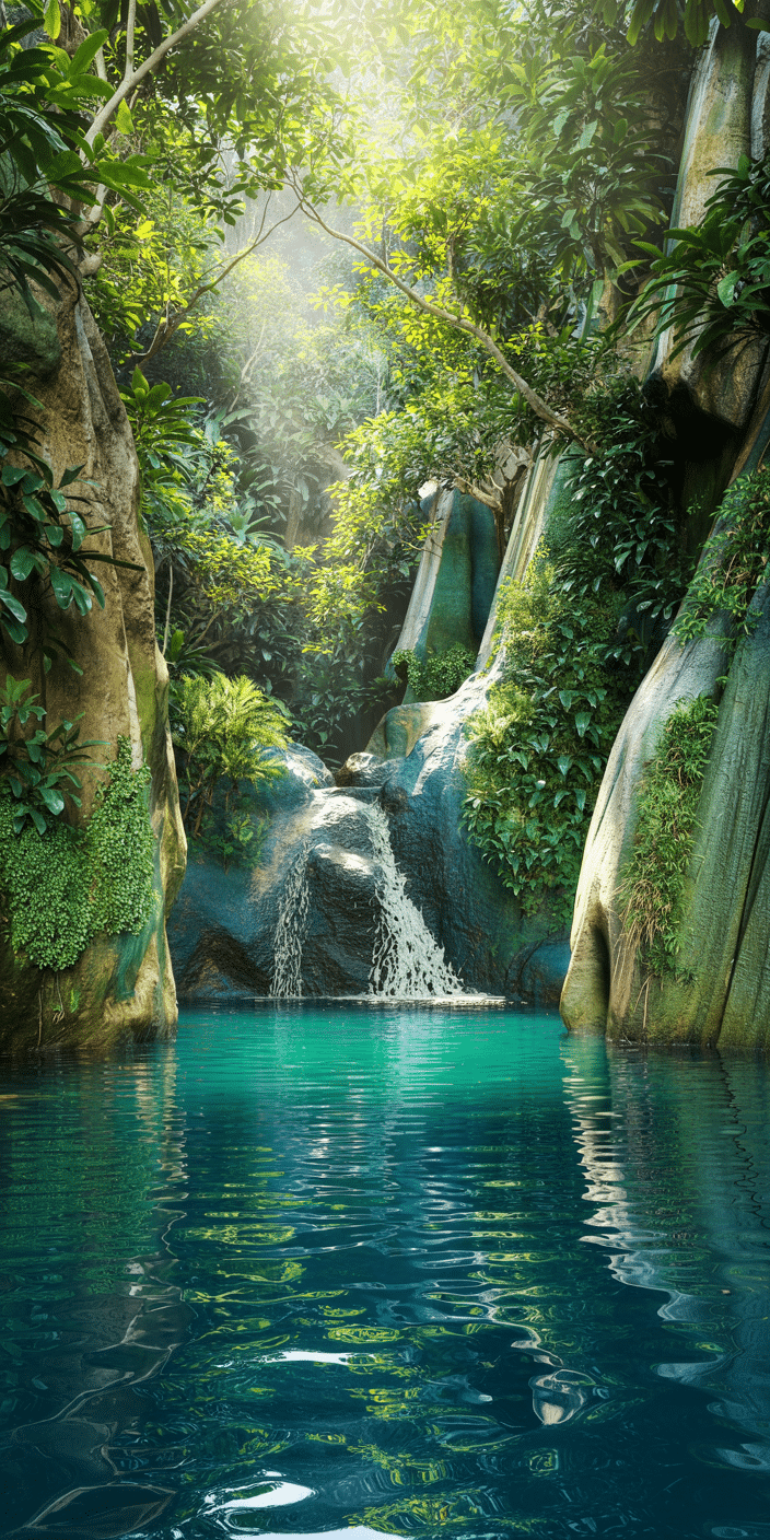 A secluded tropical lagoon glows with turquoise waters and is framed by lush cliffs and overhanging greenery. A gentle waterfall flows into the clear pool below, with golden sunlight streaming through the canopy above. This image is the definition of island vacation bliss, perfect for an iPhone background or summer wallpaper horizontal for larger screens. Nature lovers and paradise seekers will love this serene retreat.