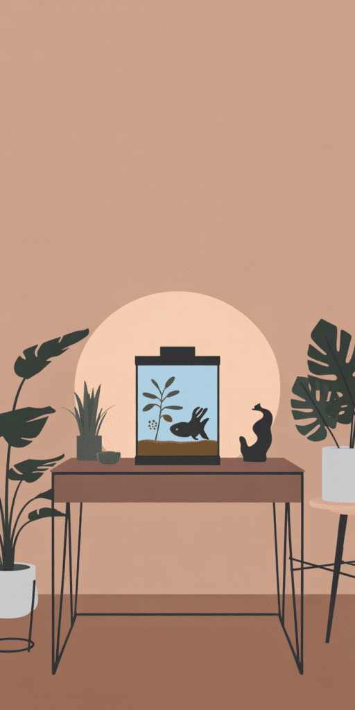 A minimalist illustration of an aquarium setup surrounded by houseplants and warm lighting. Soft tones and simplified details create a calm, aesthetic vibe perfect for anyone seeking a gentle aquarium phone theme or playful fish wallpaper. This image works well on digital screens, offering soothing energy and artistic flair.