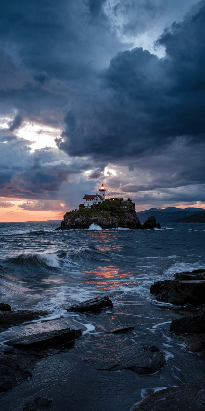 A dramatic lighthouse stands tall on a rocky island as stormy clouds churn above and waves crash against the shoreline. The red glow of the beacon reflects off the choppy ocean, adding intensity to this moody coastal scene. This is an excellent choice for those drawn to best scenery wallpaper and Hawaii landscape photography, offering a striking view of nature’s raw power. Ideal for iPhone backgrounds or lock screens that evoke adventure and solitude.