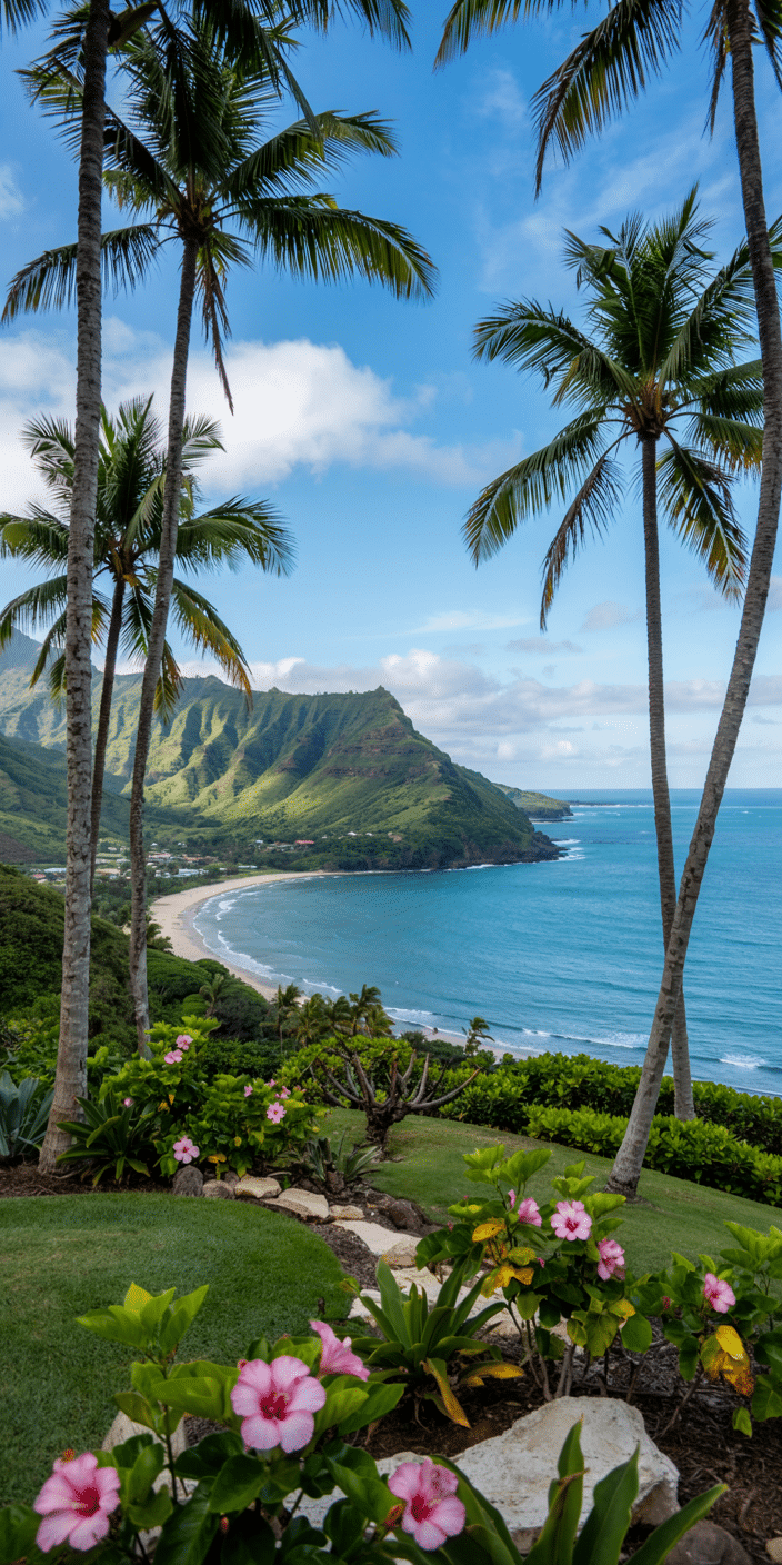 Colorful hibiscus flowers bloom in a lush coastal garden overlooking a sweeping Hawaiian bay and mountainous shoreline. Palm trees frame the view, adding vertical contrast to the soft curves of the beach and ocean. Perfect as a Hawaiian wallpaper iPhone or Florida aesthetic wallpaper, this scenic blend of nature and coast brings tropical joy to your device.