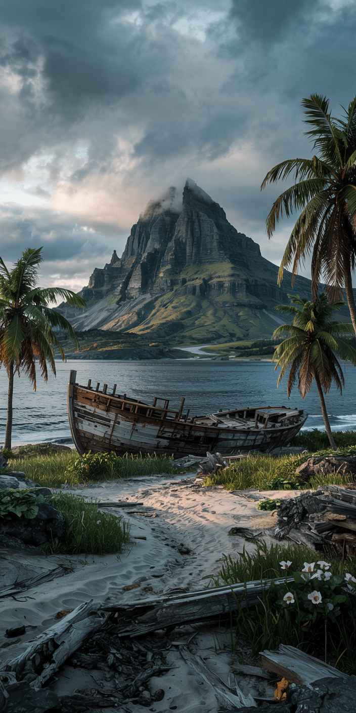 A dramatic volcanic mountain rises behind a weathered shipwreck on a lush island shoreline, with mist rolling over the rugged terrain. Palm trees frame the scene, adding a hint of tropical calm to the wild beauty. This powerful and atmospheric image is perfect for a Hawaii guide, island wallpaper, or Bahamas background, offering a sense of adventure and serenity in one.