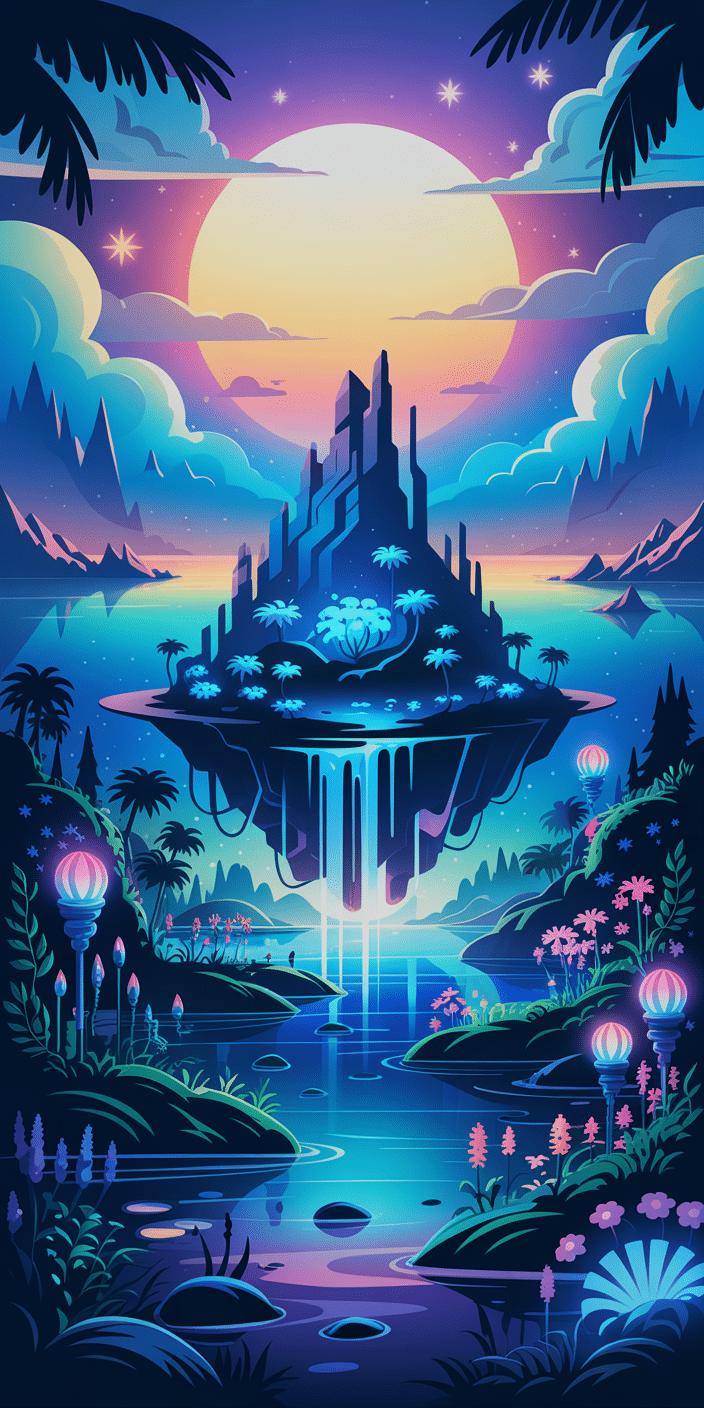 This vibrant fantasy illustration features a glowing floating island, surrounded by waterfalls, alien flora, and a radiant oversized moon. Electric blues, purples, and pinks fill the scene with sci-fi enchantment, blending magical elements with tropical landscapes. Ideal for fans of digital experience and tropical wallpaper, this imaginative island scene is great for iPhones or laptops needing a bold, otherworldly refresh.