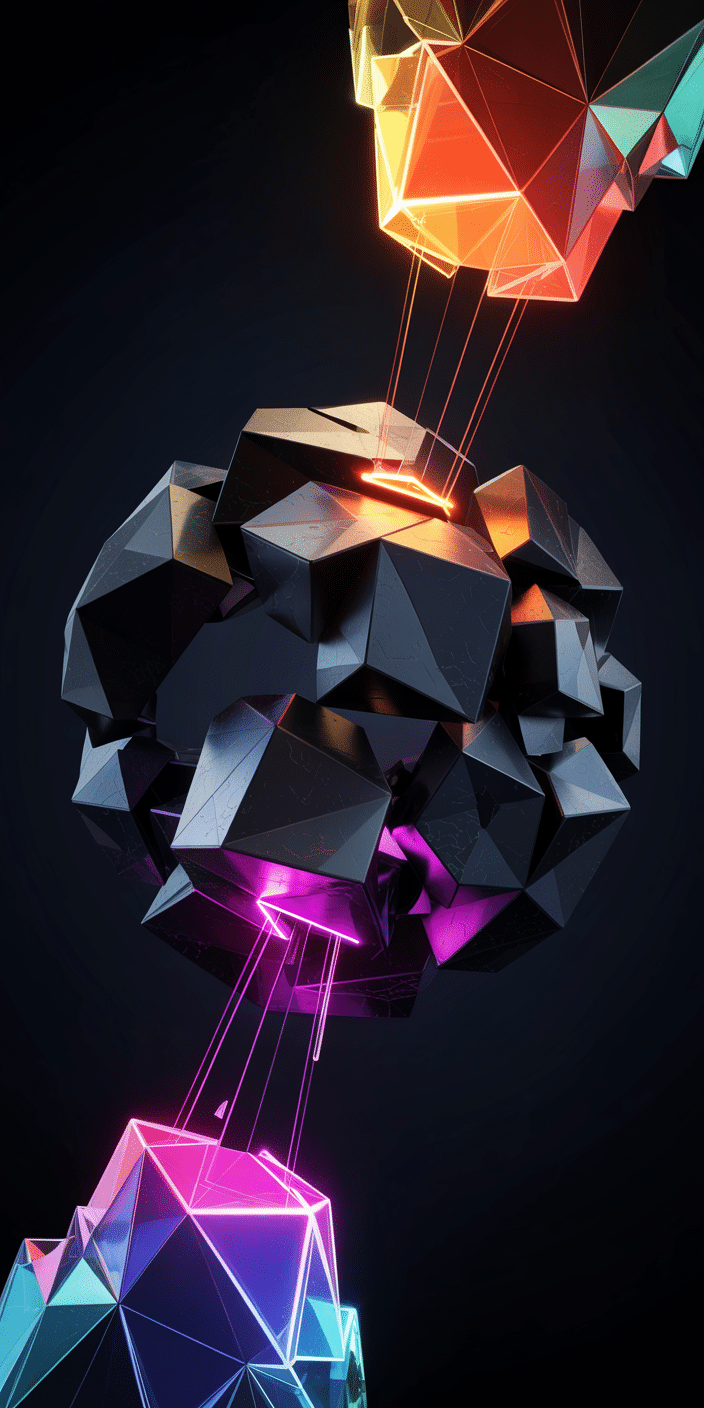 A high-tech abstract wallpaper featuring glowing neon triangles and geometric blocks in shades of orange, pink, and blue on a dark background. The futuristic elements and luminous edges make it a standout concept wallpaper and ideal for fans of futuristic phones. Perfect as a dynamic and edgy light switch on and off wallpaper.