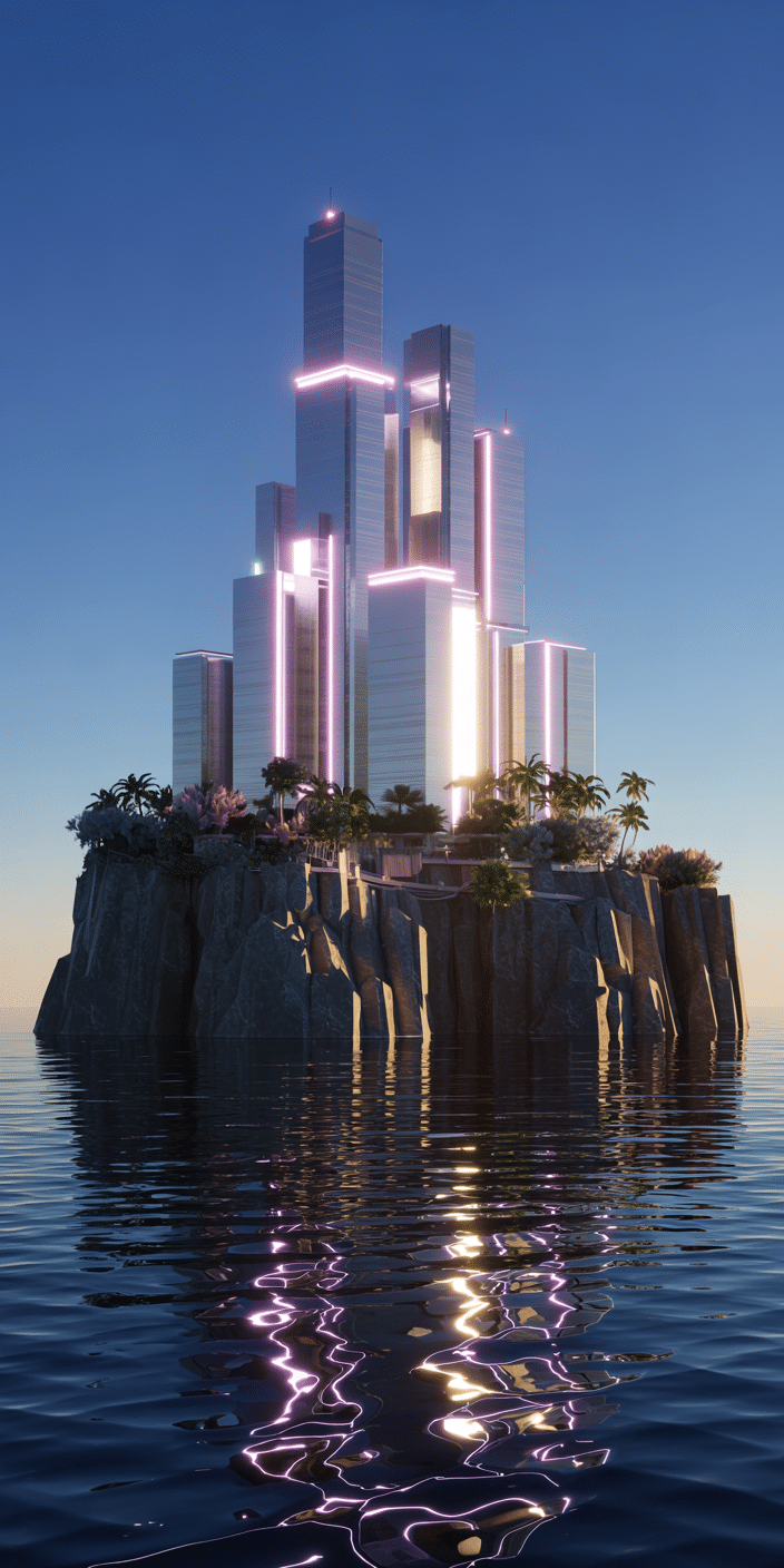 A sleek, neon-lit skyscraper island rises from a calm ocean at sunset, casting soft pink and golden reflections across the water. Surrounded by palm trees and bathed in warm light, this wallpaper blends tropical calm with futuristic flair. A stunning choice for a Hawaii aesthetic wallpaper iPhone or a bold digital experience, it radiates modern elegance and paradise energy all at once.
